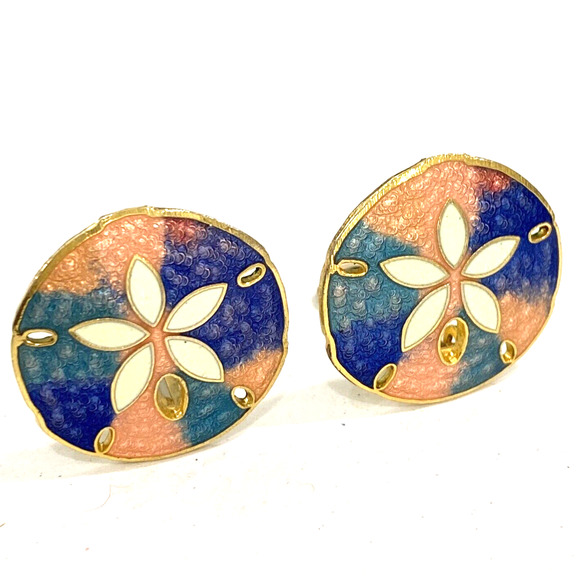 Vintage clip on earrings goldtone rounds pink & blue enamel beachy sand dollars - Picture 6 of 6